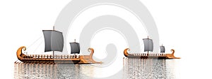 Two greek trireme boats on the water - 3D render