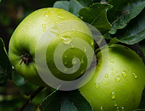 Two green apples on a tree