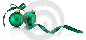 Two Green Christmas bauble with ribbon bow isolated on white background