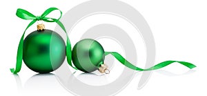 Two green Christmas baubles with ribbon bow isolated on a white background