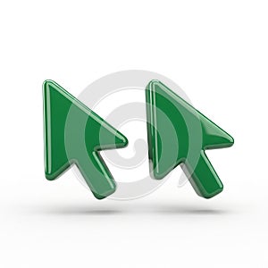 Two green 3D rendered computer mouse cursor arrows pointing to the right on a white background