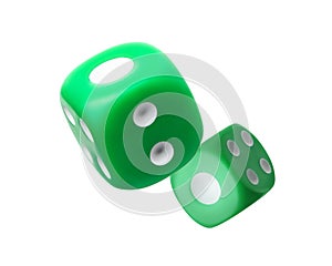 Two green dice in air on white background