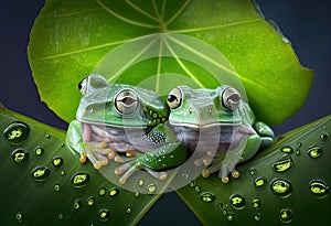 Two green frogs on laves of plant during rainy seas.illustration. Ai generative