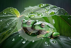 Two green frogs on laves of plant during rainy seas.illustration. Ai generative