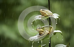 Two green frogs on leaves of plant during rainy season