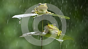 Two green frogs on leaves of plant during rainy season