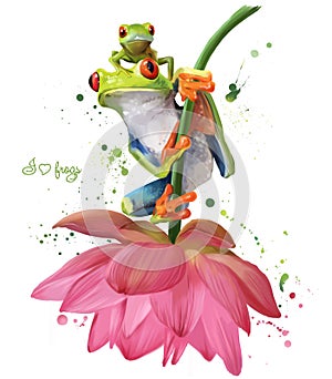 Two green frogs sitting on a flower watercolor drawing photo