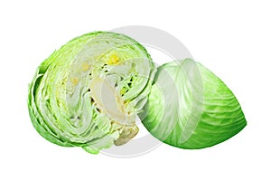 Two green leafy cabbage halves on white background isolated close up, cutted pieces of ripe white cabbage head