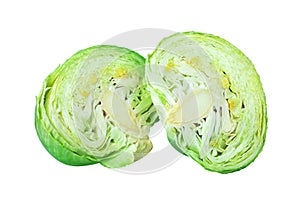 Two green leafy cabbage halves on white background isolated close up, cutted pieces of ripe white cabbage head