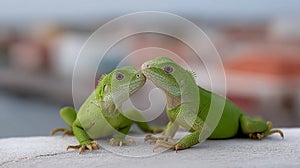 Two green lizards are kissing each other