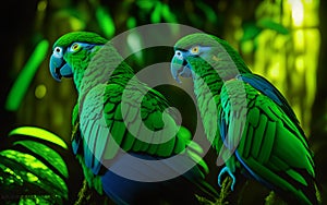 Two green parrots on a tree in the rainforest. Generative Al Illustration