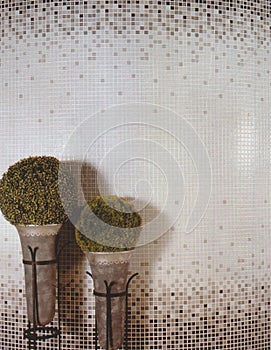 Two green plants in pots on a mosaic background