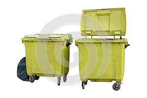 green plastic street trash containers isolated on white background