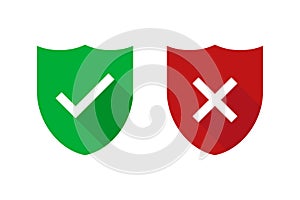 Two green and red shields with checkmark and cross isolated. Security or safe sign. Internet defence symbol. Web technology secure