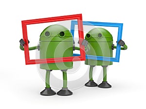 Two green robots with picture frame