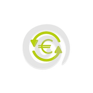 Two green round arrows with green euro. Flat icon. Isolated on white. Currency exchange icon