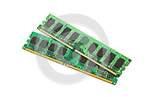 Two green strips of RAM for a computer, isolated