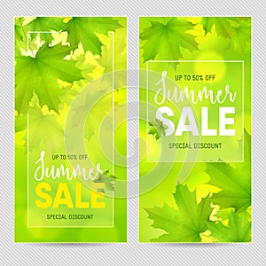 Two green vertical rectangular backgrounds with maple leaves snd tree branches and inscription Summer Sales