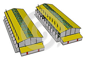 Two green and yellow large modern barns with open shuts and green roof windows vector illustration