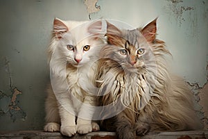 Two grey and white homeless abandoned cats
