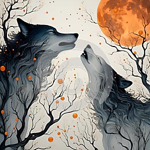 two grey wolfs in front of a full moon on a cloudy day