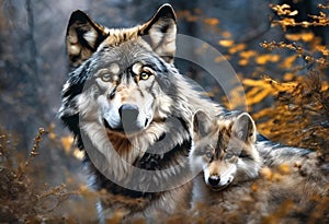 two grey wolfs in the woods with orange leaves on them