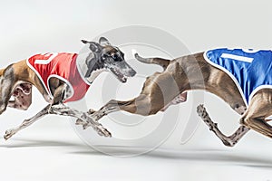 Two greyhounds in racing jackets sprinting side by side on a white background