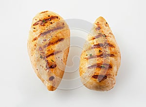 Two grilled chicken breasts with white copy space