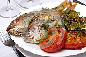 Two Grilled fish with vegetables and herbs