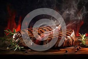 Two grilled meat steaks with smoke with rosemary and pepper on cutting board on flame background
