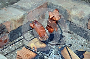 Two grilling sausage over a fire in summer