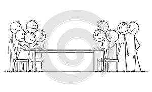 Two Group of People or Businessmen or Politicians Negotiating, Vector Cartoon Stick Figure Illustration