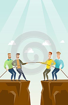 Two groups of business people pulling rope.