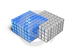 Two groups that are closely next to each other. One blue, one white. Each structure is composed of a collection of fine blocks. 3D