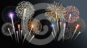 Two groups of isolated fireworks. Vector