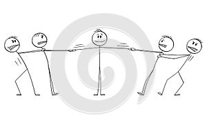 Two Groups of Men Playing Tug-of-War for Man or Customer, Vector Cartoon Stick Figure Illustration