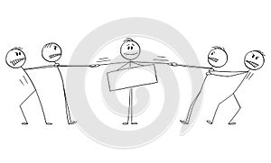 Two Groups of Men Playing Tug-of-War for Man with Sign, Vector Cartoon Stick Figure Illustration
