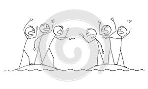 Two Groups of People Arguing and Fighting From Close Islands, Vector Cartoon Stick Figure Illustration