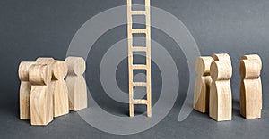 Two groups of people are separated by a career ladder. Promotion and career advancement. Transition to a whole new level photo