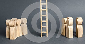 Two groups of people are separated by a career ladder. Promotion and career advancement. Transition to a whole new level