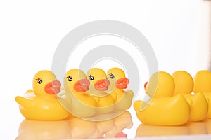 Two groups of yellow rubber ducks stand wall to wall, isolated white background