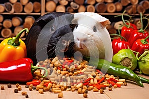 two guinea pigs munching vegetables together in a cage