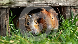 Two guinea pigs peeking out from a wooden hideout in the grass.