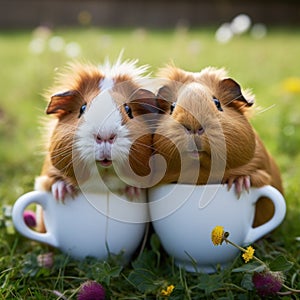 two guinea pigs sit in two cups and gnaw on one grass