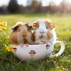 two guinea pigs sit in two cups and gnaw on one grass