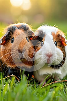 Two guinea pigs with a soft backlight in the grass.