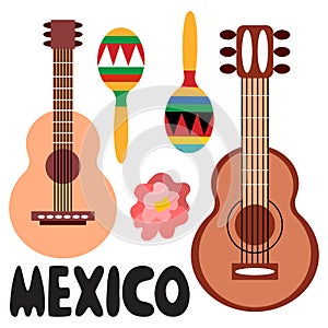 Two guitars, two maracas and Mexico lettering vector illustration