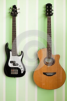 Two guitars on a wall