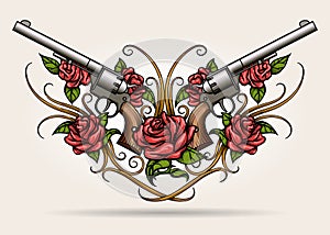 Two Guns and Rose flowers Drawn in Tattoo Style