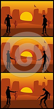 Two gunslingers duel. Desert sunset. Color flat vector illustration.